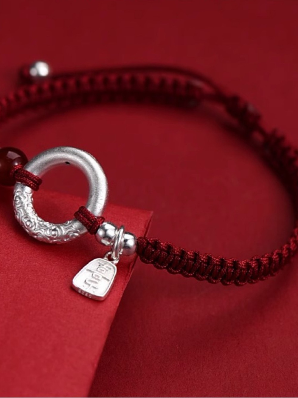 Handwoven Red Macrame Bracelet with Silver Ring Charm